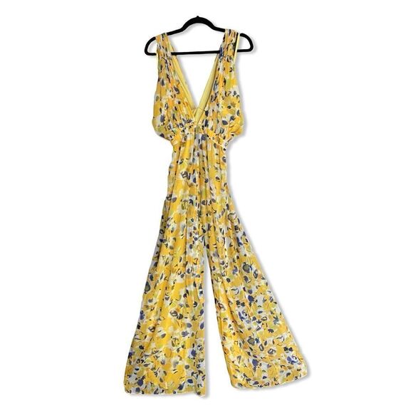 NWT Mac Duggal Ieena Yellow Crossed Halter Tie Waist Jumpsuit floral print Sz 6 - Picture 9 of 15